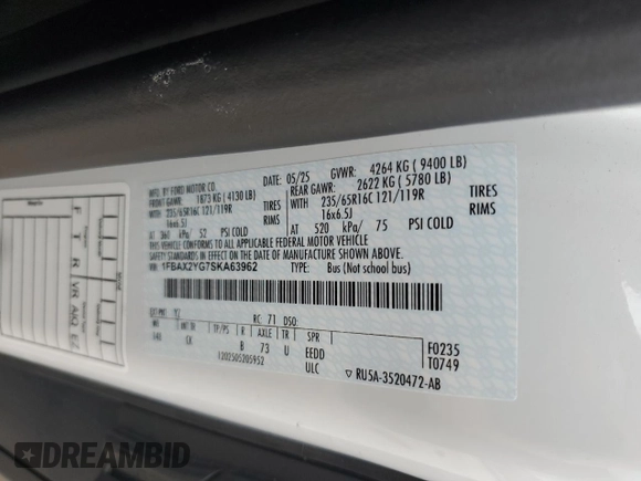 2025 Ford Transit Passenger XL z VIN 1FBAX2YG7SKA63962, wystawiony jako Copart lot #64595845 z przebiegiem 3 011 mil mil oraz Nie do naprawy • Non repairable. Historia ofert i sprzedaży dostępna na DreamBid. Obrazek 13.