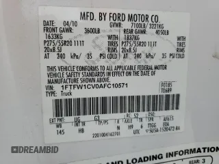 2010 Ford F-150 XL with VIN 1FTFW1CV0AFC10571, listed as a Copart auction lot 47858595 with 289,180 mi miles and Salvage Title. Bid and sale history available at carsss.com. Image 12.