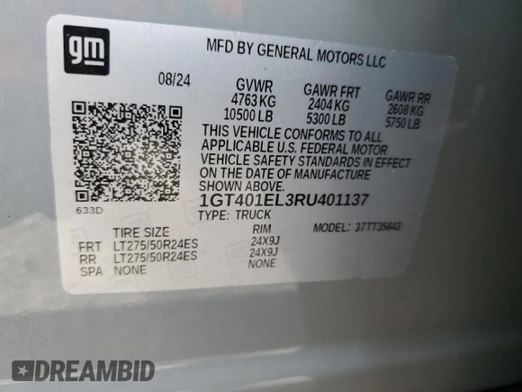 2024 GMC Sierra 1500 with VIN 1GT401EL3RU401137, listed as a Copart auction lot 82851714 with 5,005 mi miles and Salvage Title. Bid and sale history available at DreamBid. Image 12.