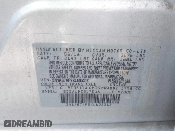 2019 Nissan Sentra SV with VIN 3N1AB7AP2KL605312, listed as a IAAI auction lot 41655360 with Not Provided miles and . Bid and sale history available at DreamBid. Image 9.