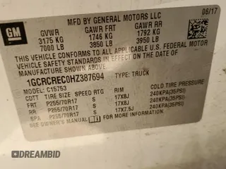 2017 Chevrolet Silverado 1500 LT with VIN 1GCRCREC0HZ387694, listed as a Copart auction lot 52417595 with 154,054 mi miles and Salvage Title. Bid and sale history available at DreamBid. Image 12.