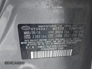 2017 Hyundai Elantra SE with VIN KMHD74LFXHU152646, listed as a IAAI auction lot 42344385 with 91,522 mi miles and . Bid and sale history available at DreamBid. Image 9.