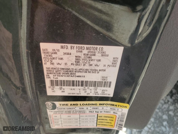 2010 Ford F-150 XL with VIN 1FTEW1C87AFD48615, listed as a Copart auction lot 64748534 with 0 mi miles and Salvage Title. Bid and sale history available at carsss.com. Image 12.