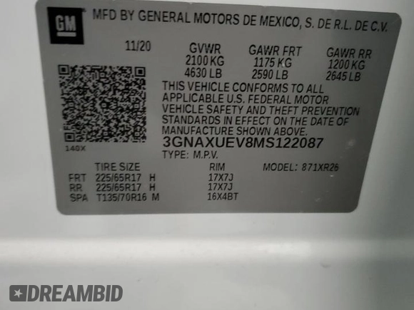 2021 Chevrolet Equinox LT with VIN 3GNAXUEV8MS122087, listed as a Copart auction lot 47523005 with 17,312 mi miles and Salvage Title. Bid and sale history available at DreamBid. Image 14.
