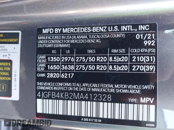 2021 Mercedes-Benz GLE 350 with VIN 4JGFB4KB2MA412328, listed as a IAAI auction lot 42540187 with 73,416 mi miles and . Bid and sale history available at DreamBid. Image 9.