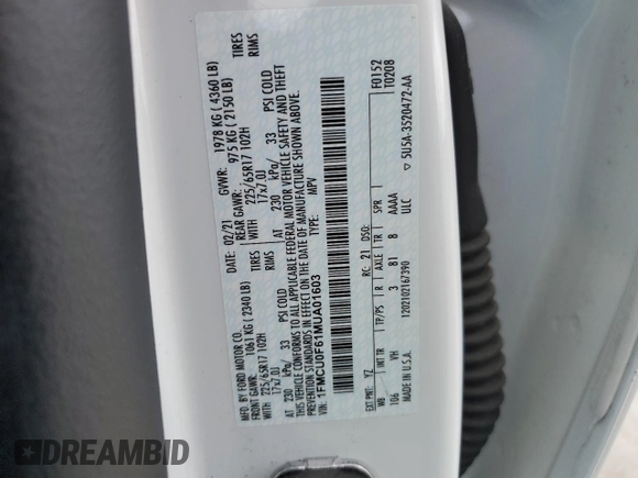 2021 Ford Escape S z VIN 1FMCU0F61MUA01603, wystawiony jako Copart lot #56311505 z przebiegiem 142 398 mil mil oraz Szkoda całkowita • Salvage title. Historia ofert i sprzedaży dostępna na DreamBid. Obrazek 14.