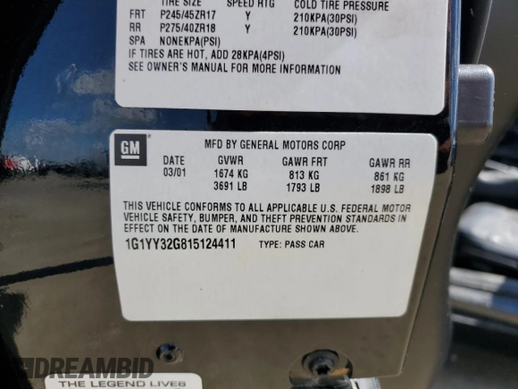 2001 Chevrolet Corvette with VIN 1G1YY32G815124411, listed as a Copart auction lot 74327904 with 0 mi miles and Non Repairable. Bid and sale history available at carsss.com. Image 12.