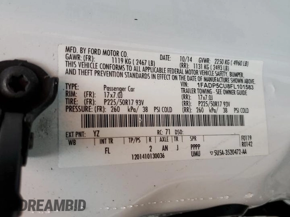 2015 Ford C-Max Energi SEL with VIN 1FADP5CU8FL101583, listed as a Copart auction lot 82705453 with 135,492 mi miles. Bid and sale history available at carsss.com. Image 12.