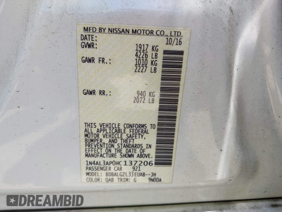 2017 Nissan Altima SR with VIN 1N4AL3AP0HC137206, listed as a IAAI auction lot 42399716 with 54,708 mi miles and . Bid and sale history available at DreamBid. Image 9.