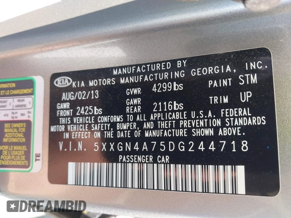 2013 Kia Optima EX with VIN 5XXGN4A75DG244718, listed as a IAAI auction lot 42652312 with 227,618 mi miles and . Bid and sale history available at DreamBid. Image 9.
