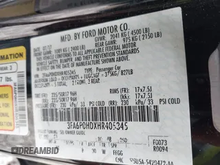 2017 Ford Fusion SE with VIN 3FA6P0HDXHR405345, listed as a IAAI auction lot 42462183 with 149,185 mi miles and . Bid and sale history available at DreamBid. Image 9.