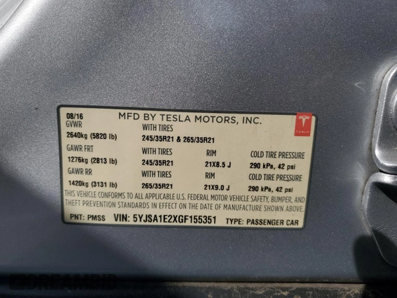 2016 Tesla Model S 90D with VIN 5YJSA1E2XGF155351, listed as a Copart auction lot 46700225 with 133,652 mi miles and Salvage Title. Bid and sale history available at DreamBid. Image 12.