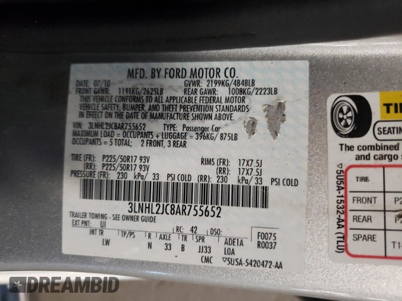 2010 Lincoln MKZ с VIN 3LNHL2JC8AR755652, выставлен на аукционе Copart как лот 55594615 с пробегом 102 788 миль миль и Списание • Salvage title. История ставок и продаж доступна на DreamBid. Изображение 13.