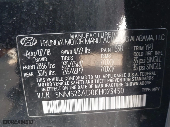 2019 Hyundai Santa Fe SE with VIN 5NMS23AD0KH023450, listed as a IAAI auction lot 41971233 with 52,109 mi miles. Bid and sale history available at carsss.com. Image 9.