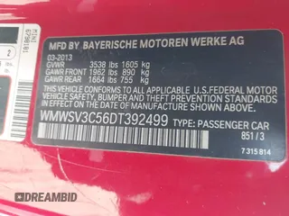 2013 MINI Hardtop S with VIN WMWSV3C56DT392499, listed as a IAAI auction lot 41855073 with 55,403 mi miles and . Bid and sale history available at DreamBid. Image 9.