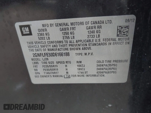 2013 Chevrolet Equinox LTZ with VIN 2GNFLFE30D6166188, listed as a IAAI auction lot 42014944 with 160,457 mi miles. Bid and sale history available at carsss.com. Image 9.