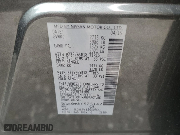 2015 Infiniti QX60 z VIN 5N1AL0MM8FC525142, wystawiony jako Copart lot #51963805 z przebiegiem 172 860 mil mil oraz Szkody całkowita. Historia ofert i sprzedaży dostępna na DreamBid. Obrazek 13.
