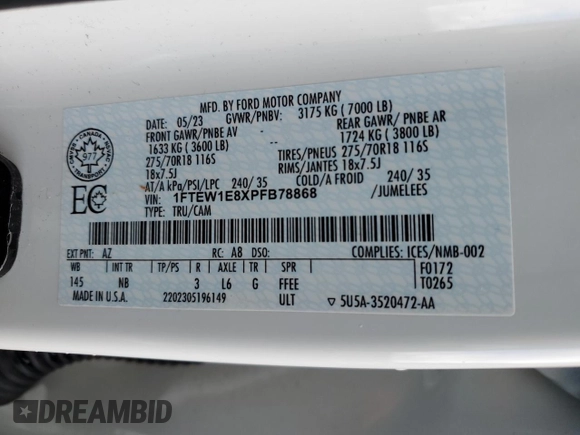 2023 Ford F-150 XL with VIN 1FTEW1E8XPFB78868, listed as a Copart auction lot 52599475 with 69,014 mi miles and Clean title. Bid and sale history available at DreamBid. Image 12.