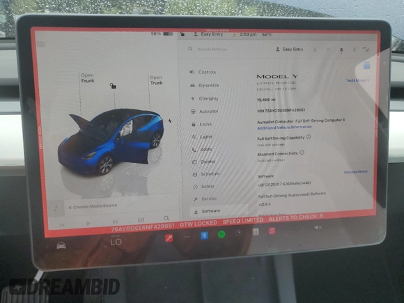 2022 Tesla Model Y Long Range z VIN 7SAYGDEE6NF429651, wystawiony jako Copart lot #57172355 z przebiegiem 19 499 mil mil oraz Szkoda całkowita • Salvage title. Historia ofert i sprzedaży dostępna na DreamBid. Obrazek 9.