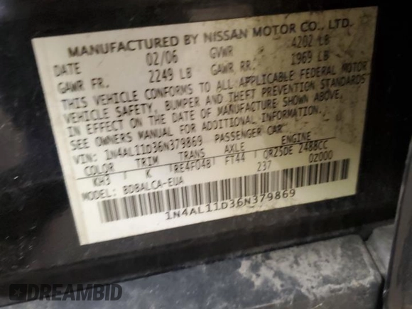 2006 Nissan Altima 2.5 with VIN 1N4AL11D36N379869, listed as a Copart auction lot 53190395 with 161,100 mi miles and Clean Title. Bid and sale history available at carsss.com. Image 12.