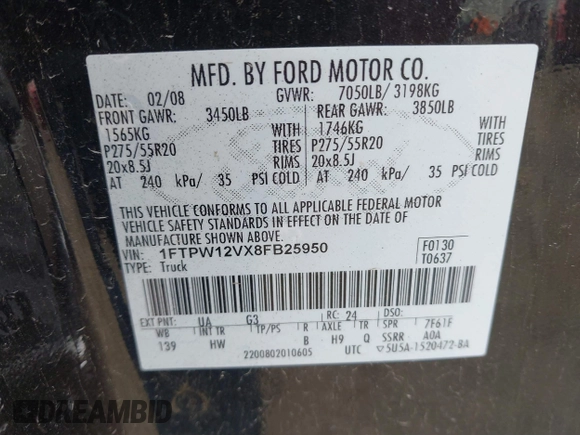 2008 Ford F-150 XLT with VIN 1FTPW12VX8FB25950, listed as a IAAI auction lot 41769407 with 203,269 mi miles and . Bid and sale history available at DreamBid. Image 9.