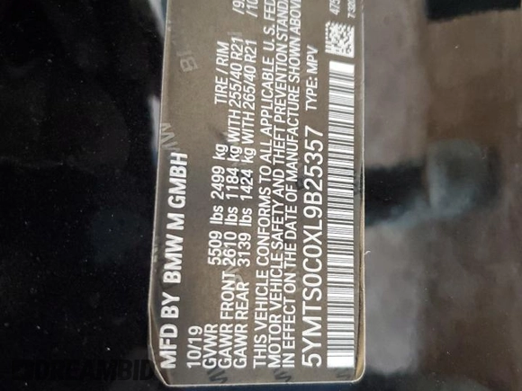 2020 BMW X3 M Competition with VIN 5YMTS0C0XL9B25357, listed as a Copart auction lot 62600425 with 48,810 mi miles and Salvage title. Bid and sale history available at DreamBid. Image 13.