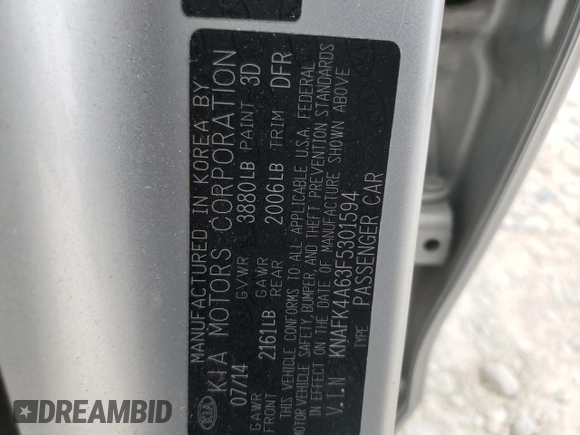 2015 Kia Forte LX with VIN KNAFK4A63F5301594, listed as a Copart auction lot 54932795 with 69,663 mi miles and Salvage Title. Bid and sale history available at carsss.com. Image 12.