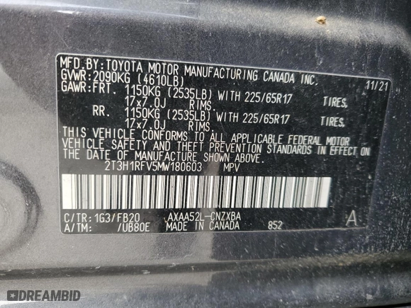 2021 Toyota RAV4 LE with VIN 2T3H1RFV5MW180603, listed as a Copart auction lot 44536625 with 37,801 mi miles and Salvage Title. Bid and sale history available at carsss.com. Image 15.