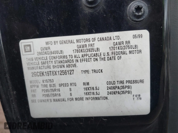 1999 Chevrolet Silverado 1500 LT with VIN 2GCEK19T6X1256127, listed as a IAAI auction lot 41747542 with 165,721 mi miles and . Bid and sale history available at DreamBid. Image 9.