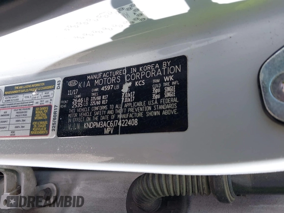 2018 Kia Sportage LX with VIN KNDPM3AC6J7422408, listed as a IAAI auction lot 41918342 with 104,385 mi miles and . Bid and sale history available at carsss.com. Image 9.