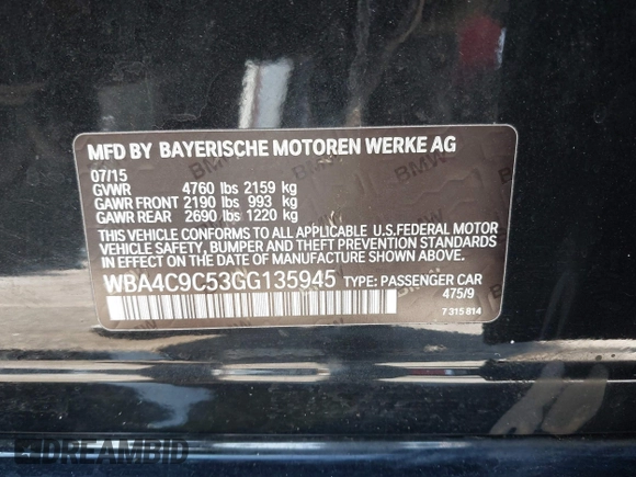 2016 BMW 4 Series 428i xDrive with VIN WBA4C9C53GG135945, listed as a IAAI auction lot 41964691 with 93,273 mi miles and . Bid and sale history available at carsss.com. Image 9.