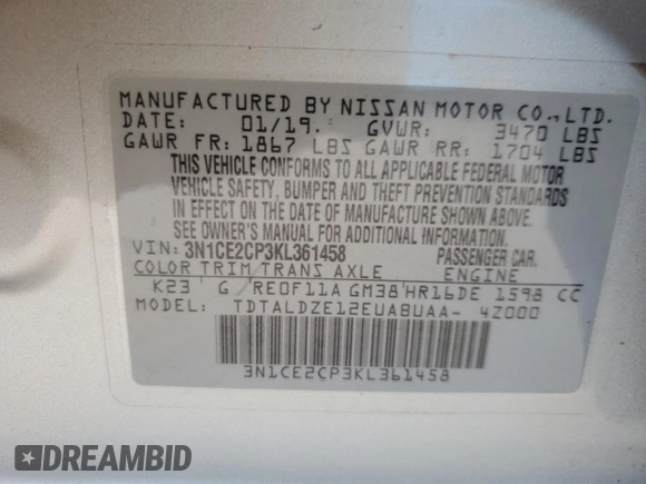 2019 Nissan Note SV с VIN 3N1CE2CP3KL361458, выставлен на аукционе Copart как лот 61178845 с пробегом 99 211 миль миль и На запчасти • Non repairable. История ставок и продаж доступна на DreamBid. Изображение 13.