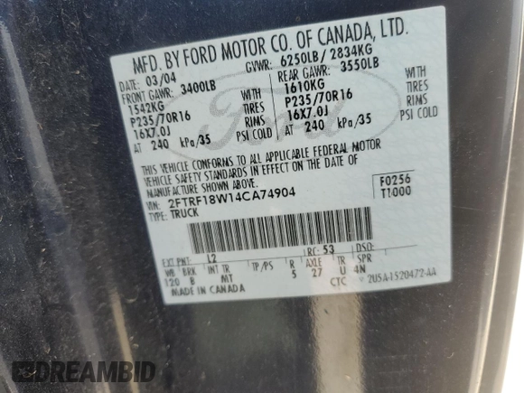 2004 Ford F-150 XL with VIN 2FTRF18W14CA74904, listed as a Copart auction lot 50361935 with 163,684 mi miles and Salvage title. Bid and sale history available at DreamBid. Image 14.