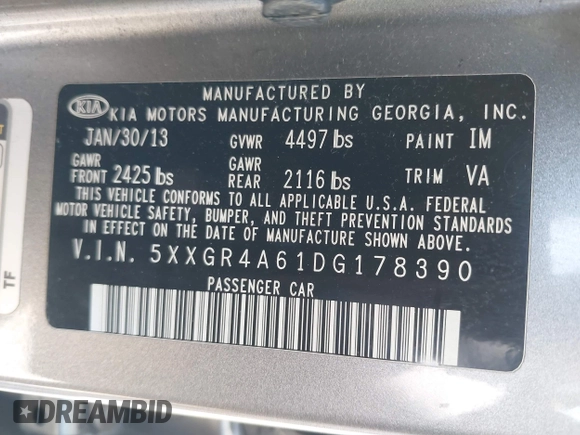2013 Kia Optima SX with VIN 5XXGR4A61DG178390, listed as a IAAI auction lot 42212824 with 128,055 mi miles and . Bid and sale history available at DreamBid. Image 9.