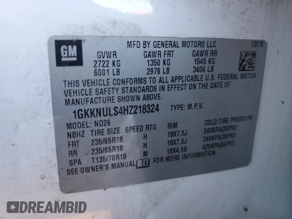 2017 GMC Acadia SLT with VIN 1GKKNULS4HZ218324, listed as a Copart auction lot 88062305 with 172,702 mi miles and Salvage Title. Bid and sale history available at carsss.com. Image 13.