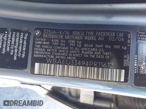 2004 BMW 3 Series 325xi with VIN WBAEU33494PR11612, listed as a IAAI auction lot 41805426 with 60,650 mi miles and . Bid and sale history available at DreamBid. Image 9.