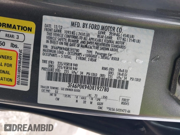 2013 Ford Fusion Titanium with VIN 3FA6P0K94DR192780, listed as a IAAI auction lot 42631746 with 88,994 mi miles and . Bid and sale history available at DreamBid. Image 9.