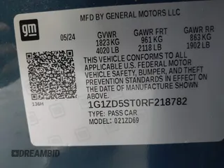 2024 Chevrolet Malibu LT with VIN 1G1ZD5ST0RF218782, listed as a IAAI auction lot 42096080 with 25,375 mi miles and . Bid and sale history available at DreamBid. Image 9.