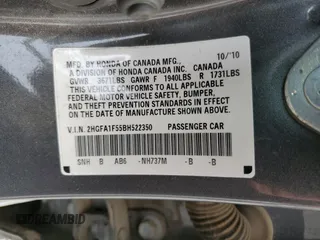 2011 Honda Civic LX with VIN 2HGFA1F55BH522350, listed as a Copart auction lot 53854795 with 39,749 mi miles and Salvage Title. Bid and sale history available at DreamBid. Image 12.