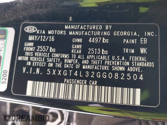 2016 Kia Optima LX with VIN 5XXGT4L32GG082504, listed as a IAAI auction lot 42790104 with 132,032 mi miles and . Bid and sale history available at DreamBid. Image 9.