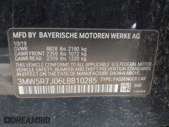 2020 BMW 3 Series 330i xDrive with VIN 3MW5R7J06L8B10285, listed as a IAAI auction lot 39403745 with 58,242 mi miles. Bid and sale history available at carsss.com. Image 9.