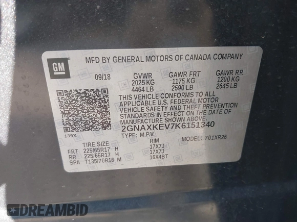 2019 Chevrolet Equinox LT with VIN 2GNAXKEV7K6151340, listed as a IAAI auction lot 41891324 with 45,526 mi miles and . Bid and sale history available at carsss.com. Image 9.