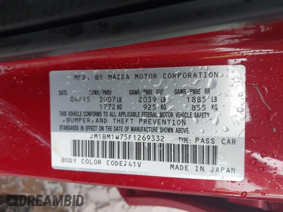 2015 Mazda 3 i Grand Touring with VIN JM1BM1W75F1269332, listed as a IAAI auction lot 42579487 with 99,619 mi miles and . Bid and sale history available at DreamBid. Image 9.