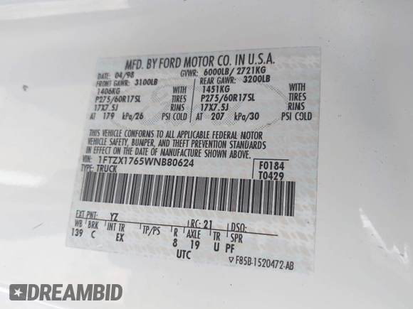 1998 Ford F-150 с VIN 1FTZX1765WNB80624, выставлен на аукционе IAAI как лот 41941406 с пробегом 190 141 миль миль и . История ставок и продаж доступна на DreamBid. Изображение 9.