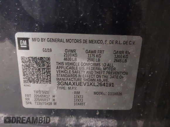 2019 Chevrolet Equinox LT with VIN 3GNAXUEV1KL264191, listed as a IAAI auction lot 41890226 with 121,357 mi miles. Bid and sale history available at carsss.com. Image 9.