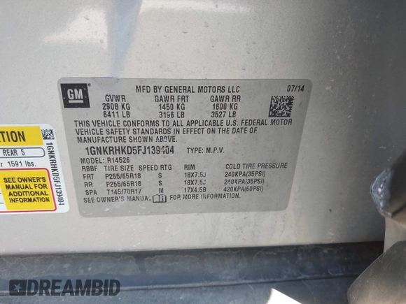 2015 Chevrolet Traverse LT с VIN 1GNKRHKD5FJ139404, выставлен на аукционе IAAI как лот 41744152 с пробегом 54 887 миль миль и . История ставок и продаж доступна на DreamBid. Изображение 9.