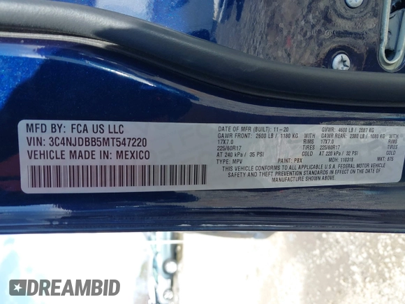 2021 Jeep Compass Latitude с VIN 3C4NJDBB5MT547220, выставлен на аукционе IAAI как лот 41961251 с пробегом 95 371 миль миль и . История ставок и продаж доступна на DreamBid. Изображение 9.