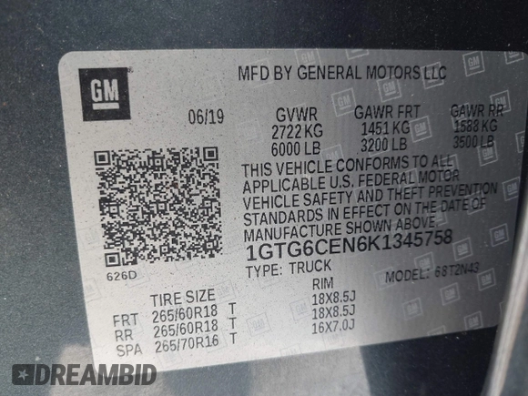 2019 GMC Canyon 4WD SLE with VIN 1GTG6CEN6K1345758, listed as a IAAI auction lot 41836882 with 36,641 mi miles. Bid and sale history available at carsss.com. Image 9.