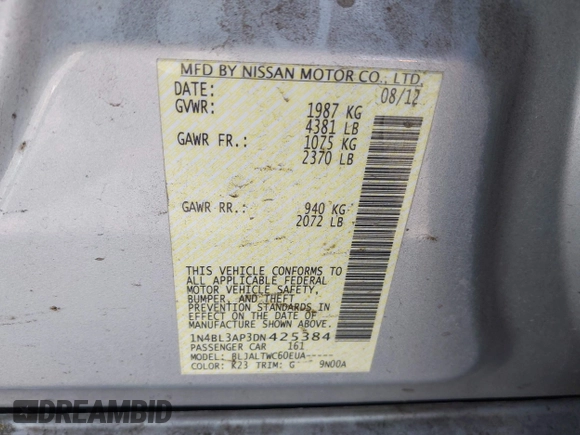 2013 Nissan Altima SV z VIN 1N4BL3AP3DN425384, wystawiony jako IAAI lot #42471028 z przebiegiem 154 095 mil mil oraz . Historia ofert i sprzedaży dostępna na DreamBid. Obrazek 9.