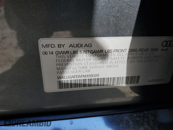 2015 Audi A8 with VIN WAUJGAFD5FN009026, listed as a Copart auction lot 81938904 with 122,880 mi miles and Salvage title. Bid and sale history available at DreamBid. Image 13.